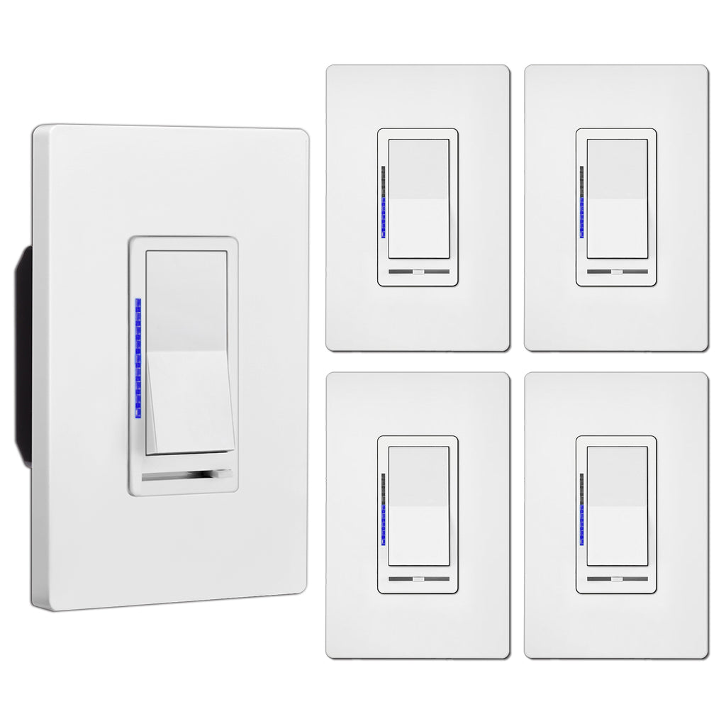 [5 Pack] BESTTEN Digital Dimmer Switch with LED Indicator, Single Pole or 3-Way, for Dimmable LED Lights, CFL, Incandescent, Halogen Bulbs, Screwless Wallplate Included, UL Listed, White
