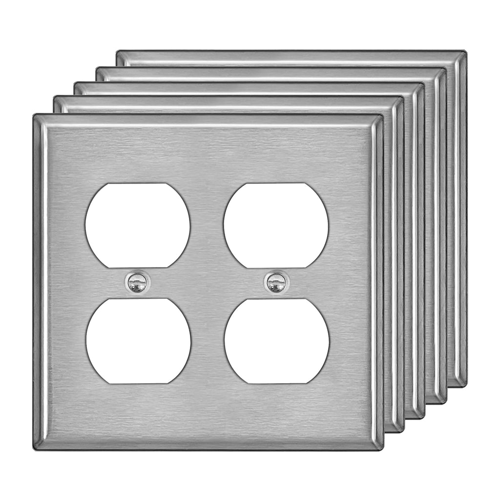 [5 Pack] BESTTEN 2-Gang Duplex Stainless Steel Wall Plate with £×hite or Clear Plastic Film, Standard Size, Corrosion Resistant Metal Outlet Cover, Industrial Grade, Brushed Finish, Silver