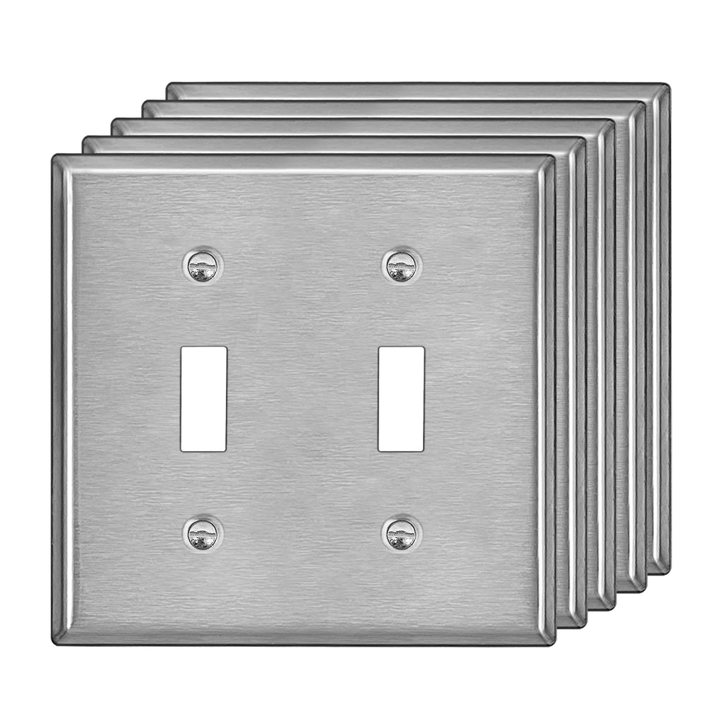 [5 Pack] BESTTEN 2 Gang Toggle Switch Stainless Steel Wall Plate with White or Clear Plastic Film, Standard Metal Light Switch Covers, Durable Corrosion Resistant, Industrial Grade, Brushed Finish