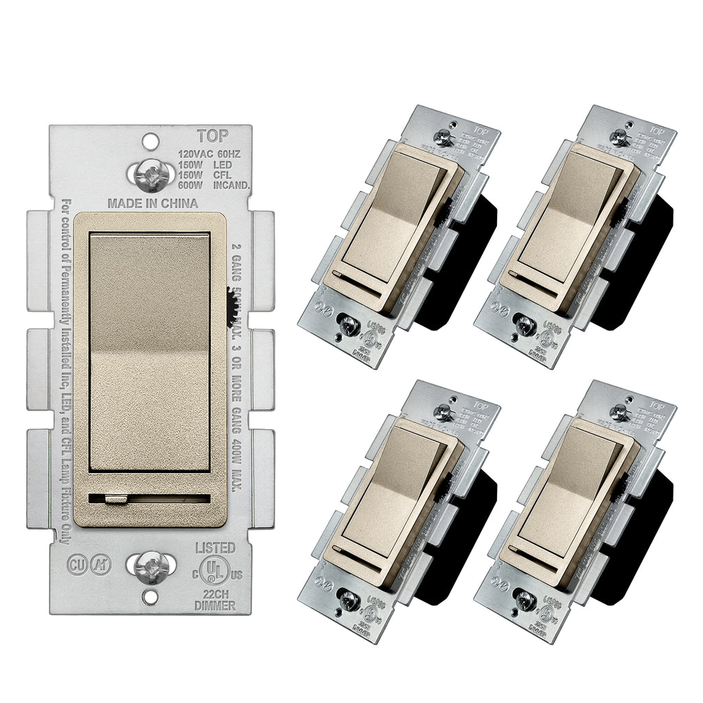 [5 Pack] BESTTEN Champagne Gold Dimmer Light Switch, Single Pole or 3-Way, Compatible with Dimmable LED, CFL, Incandescent and Halogen Bulb, 120VAC, Signature Collection, UL Listed