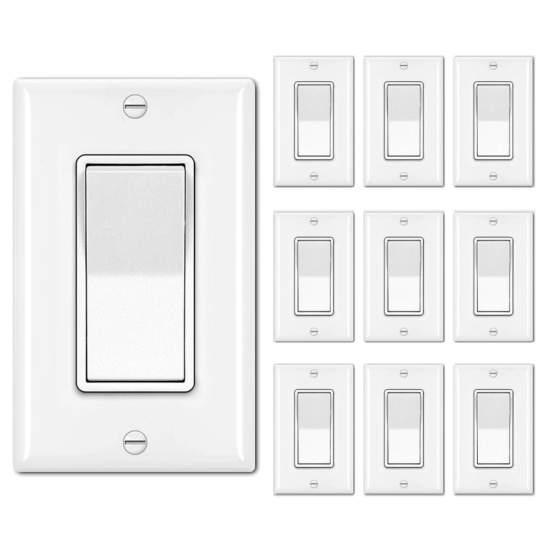 [10 Pack] BESTTEN Single Pole Decorator Wall Light Switch with Wall Plate, 15A 120/277V, On/Off Rocker Paddle Interrupter, UL Listed