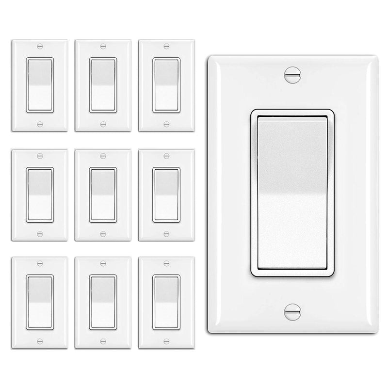 [10 Pack] BESTTEN 3-Way Decorator Wall Light Switch with Wall Plate, 15A 120V, On/Off Paddle Rocker Interrupter, UL Listed, White