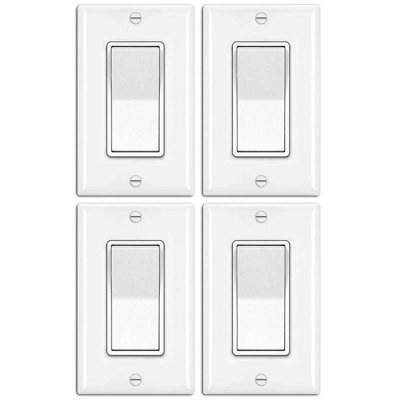 [4 Pack] BESTTEN 3-Way Decorator Wall Light Switch with Wallplate, 15A 120/277V, On/Off Rocker Paddle Interrupter, UL Listed, White