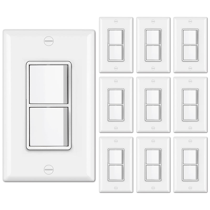 [10 Pack] BESTTEN Double Light Switch, Single Pole, Combination Decorator On/Off Interrupters, 15A 120V, Dual Paddle Rockers, Wallplate Included, White