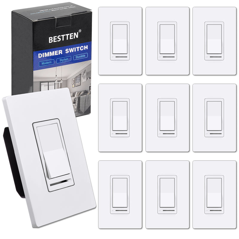 [10 Pack] BESTTEN Dimmer Light Switch, 3 Way or Single Pole, for Dimmable LED, Incandescent, Halogen Bulbs and CFL Lamps, UL Listed