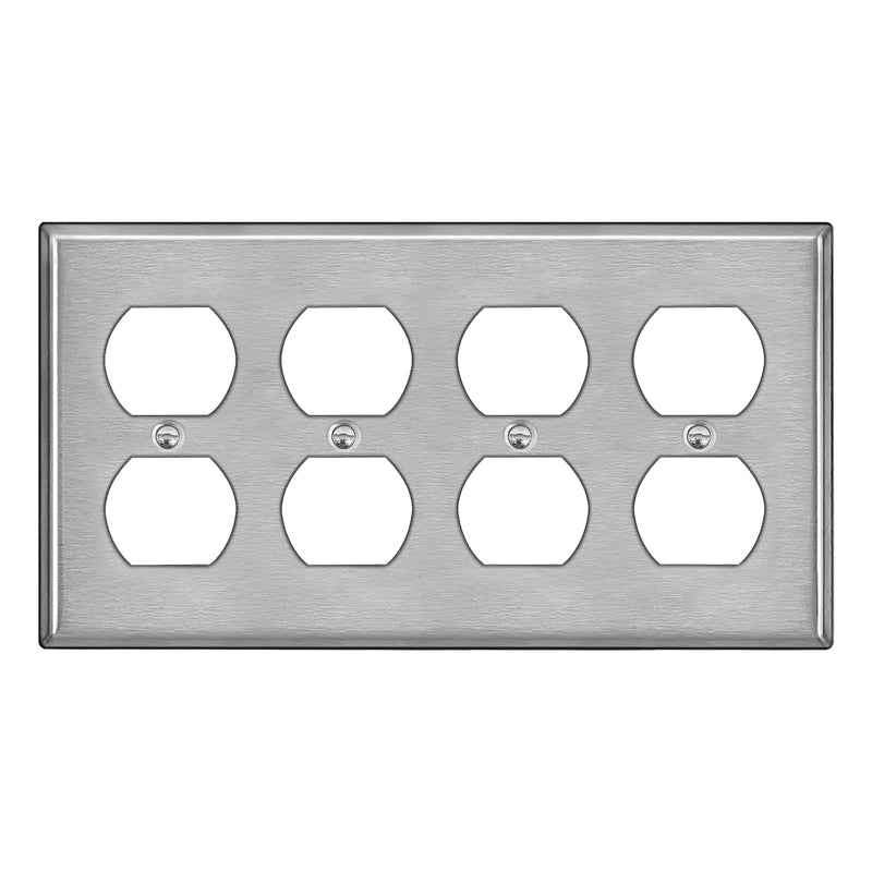 BESTTEN 4-Gang Duplex Metal Wall Plate with Ｗhite or Clear Plastic Film, Standard Size, Stainless Steel Heavy Duty Switch Cover, Industrial Grade Stainless Steel, Brushed Finish, Silver