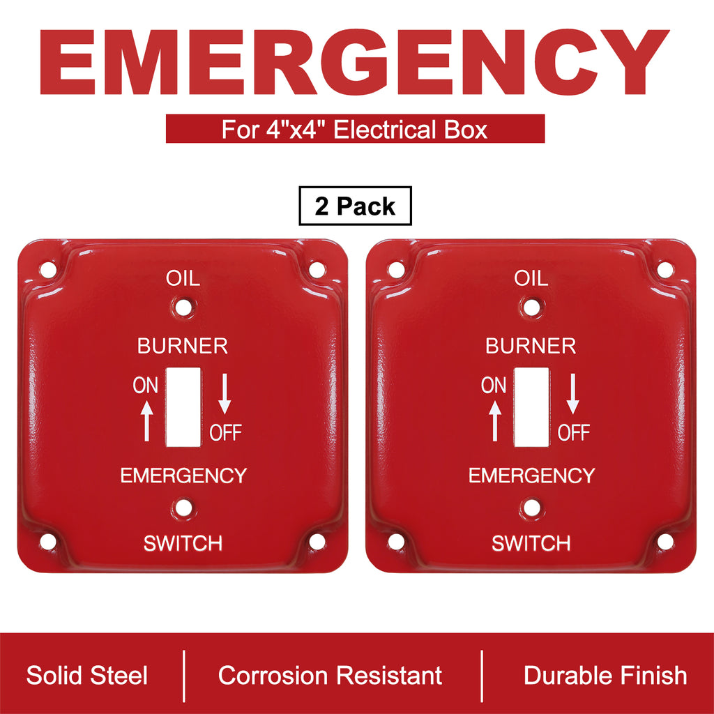 [2 Pack] BESTTEN 1-Gang Red, Emergency Oil Shut-Off Toggle Square Metal Switch Plate for 4"x4" Electrical Box, Code Compliant