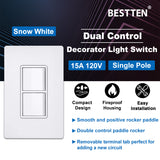 [2 Pack] BESTTEN Double Switch with Wallplate, 15A/120V Single Pole Combination Interrupter, UL Listed, Snow White