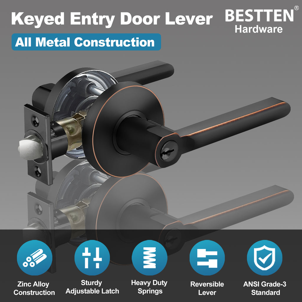 [10 Pack] BESTTEN Heavy Duty Oil Rubbed Bronze Entry Door Lever with Removable Latch Plate, All Metal Round Keyed Door Handle for Exterior and Interior, Commercial and Residential, Vienna Series