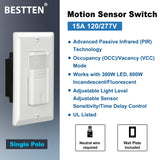 [5 Pack] BESTTEN Motion Sensor Light Switch, PIR Vacancy & Occupancy, 800W 1/6 HP, 120/277V, Single Pole, Neutral Wire Required, Wallplate Included, UL Listed, White
