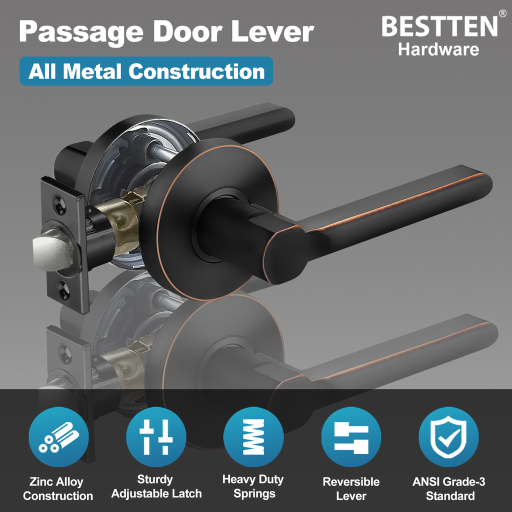 BESTTEN [3 Pack] Heavy Solid Metal Oil Rubbed Bronze Entry Door Lever with Removable Latch Plate, Entrance Door Handle Lock Set for Exterior, Vienna Series, Keyed Different