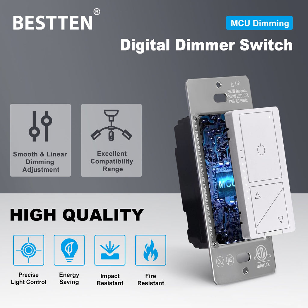 [10 Pack] BESTTEN Digital Dimmer with Air Gap Power Cut Off Switch, Super Slim Design, Single Pole or 3 Way Dimmer Light Switch, 3 Button Control and MCU Smart-chip Technology, ETL Listed, White