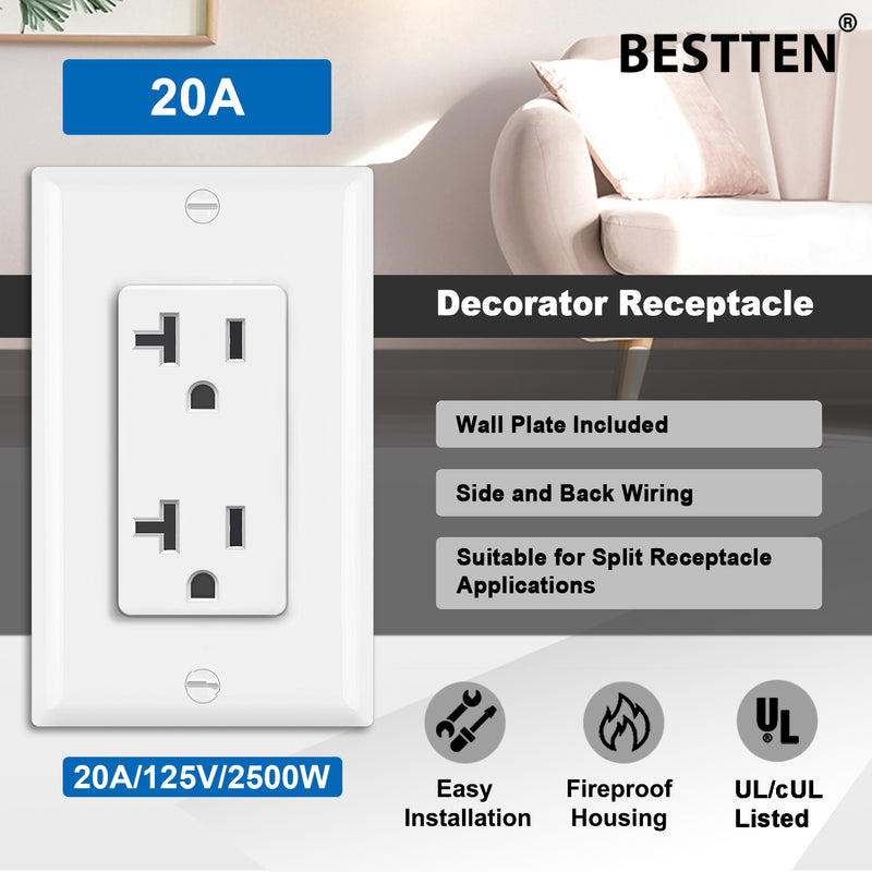 [10 Pack] BESTTEN 20 Amp Decorator Receptacle Outlet, 20A/125V/2500W, Non-Tamper-Resistant, UL Listed, White