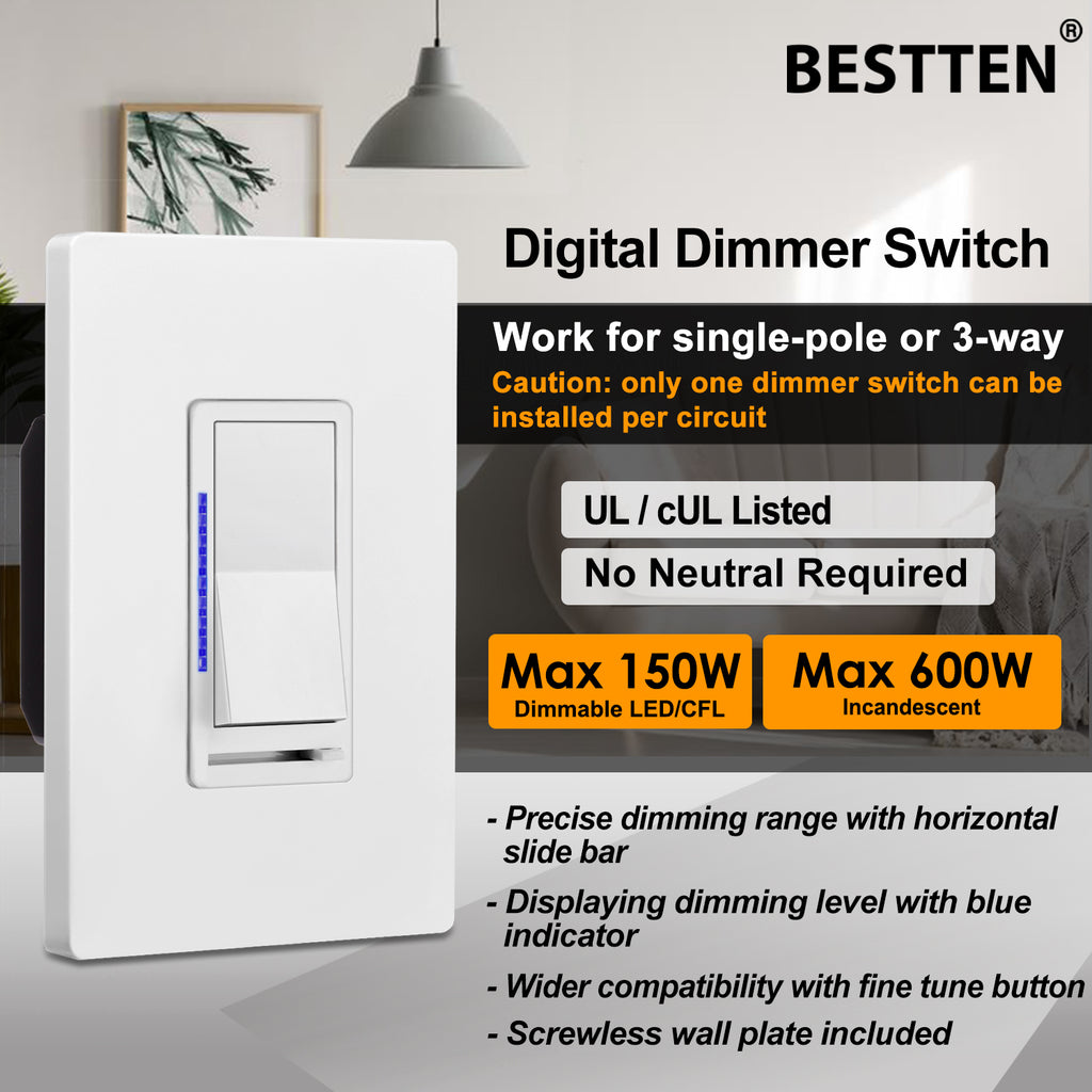 [5 Pack] BESTTEN Digital Dimmer Switch with LED Indicator, Single Pole or 3-Way, for Dimmable LED Lights, CFL, Incandescent, Halogen Bulbs, Screwless Wallplate Included, UL Listed, White