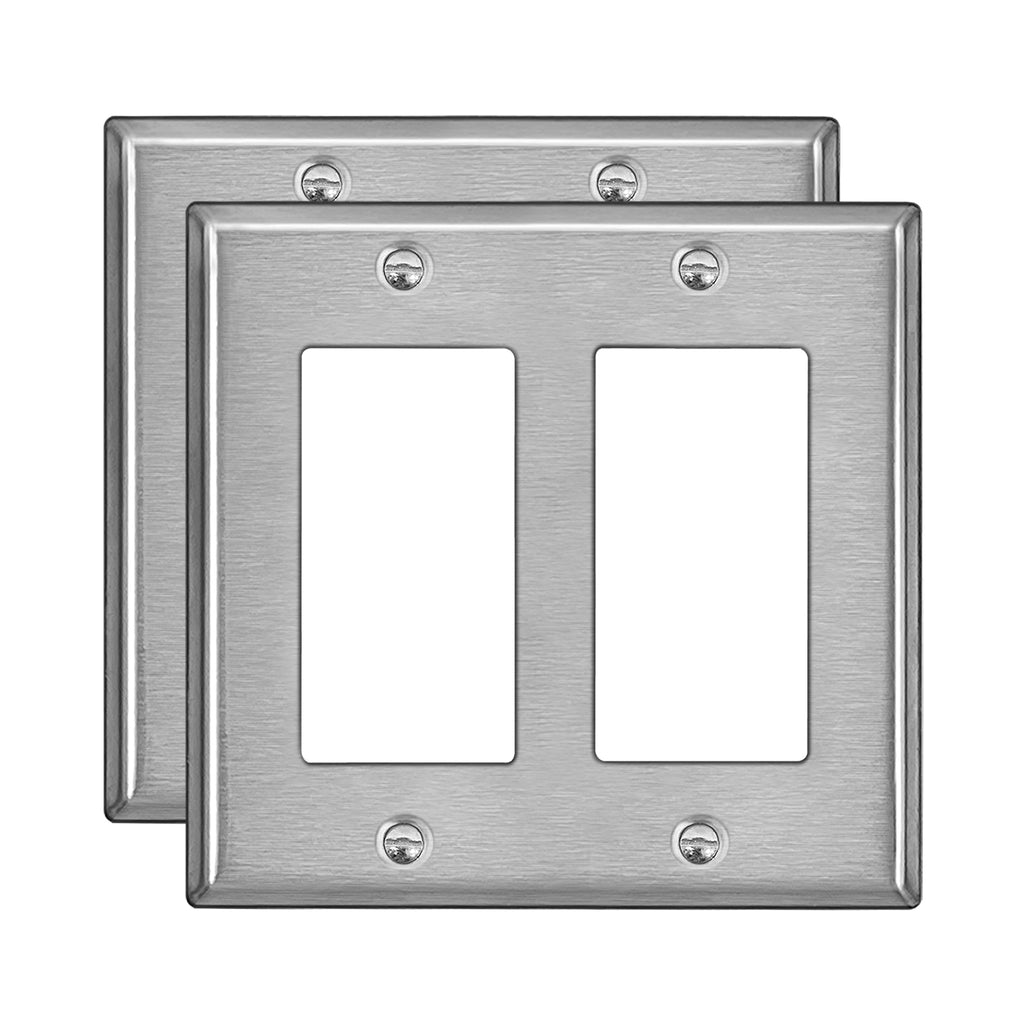 [2 Pack] BESTTEN 2-Gang Decor Metal Wall Plate with White or Clear Plastic Film, Standard Size, Stainless Steel Outlet Cover, Industrial Grade Stainless Steel, H4.53-Inch x W4.57-Inch, Brushed Finish, Silver