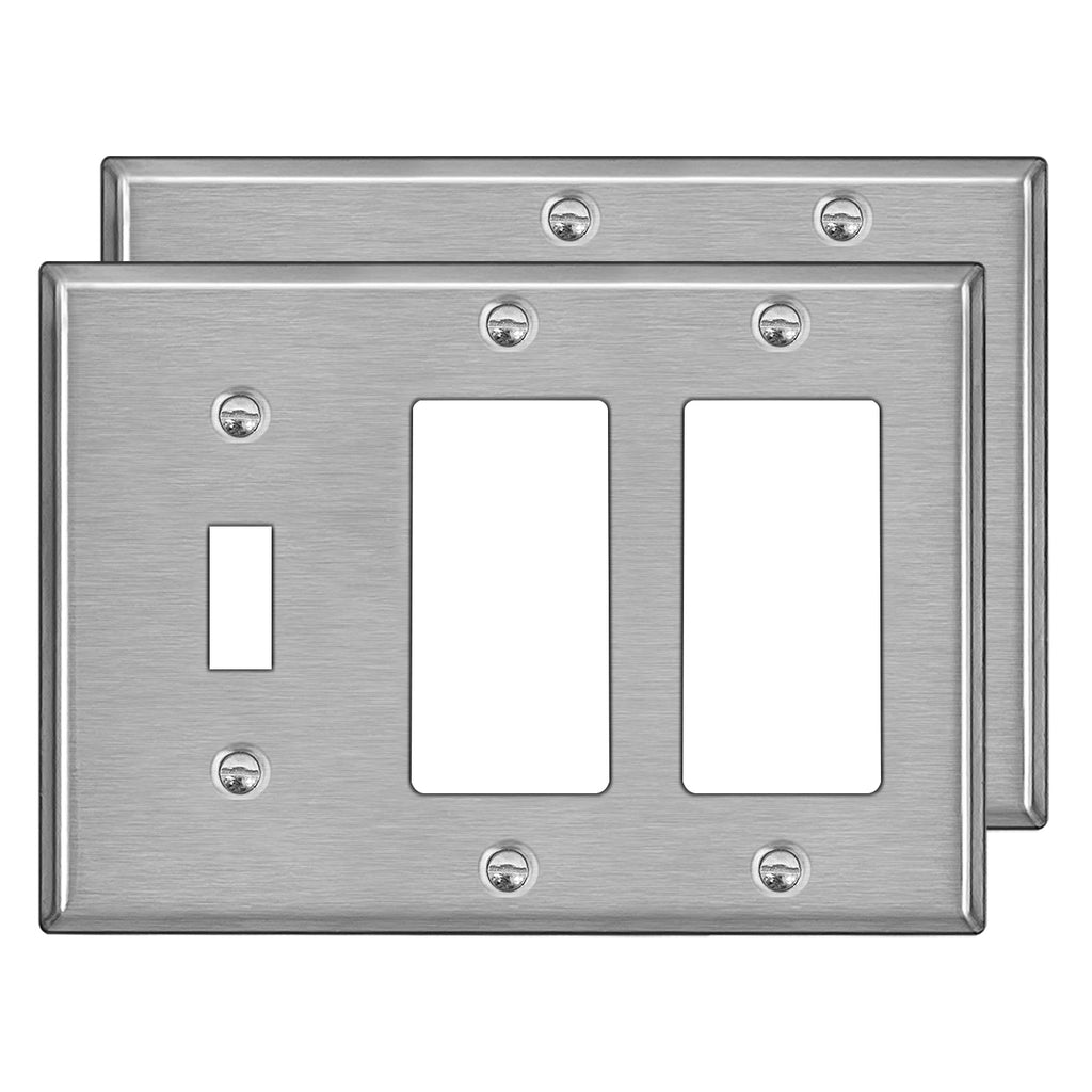 [2 Pack] BESTTEN 3-Gang Combination Metal Wall Plate with White or Clear Plastic Film, 2-Decorator/1-Toggle, Anti-Corrosion Stainless Steel Outlet Cover, Brushed Finish