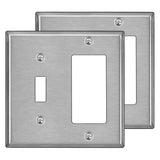 [2 Pack] BESTTEN 2-Gang Combination Metal Wall Plate, 1-Toggle/1-Decor, Standard Size, Anti-Corrosion Stainless Steel Outlet and Switch Cover, Silver, Brushed Finish