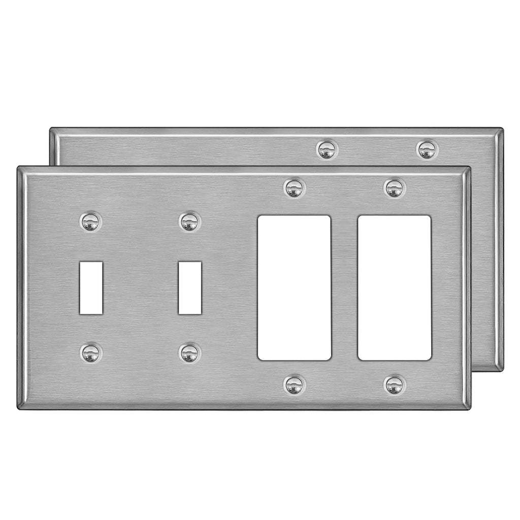 [2 Pack] BESTTEN 4-Gang Combination Metal Wall Plate with White or Clear Plastic Film, 2-Decorator/2-Toggle, Anti-Corrosion Stainless Steel Outlet and Switch Cover, Brushed Finish