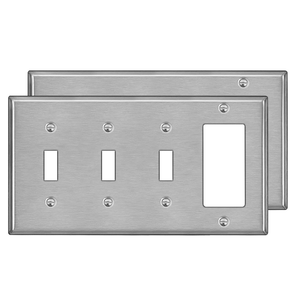 [2 Pack] BESTTEN 4-Gang Combination Metal Wall Plate with White or Clear Plastic Film, 3-Decor/1-Toggle, Stainless Steel Outlet and Switch Cover, Brushed FInish