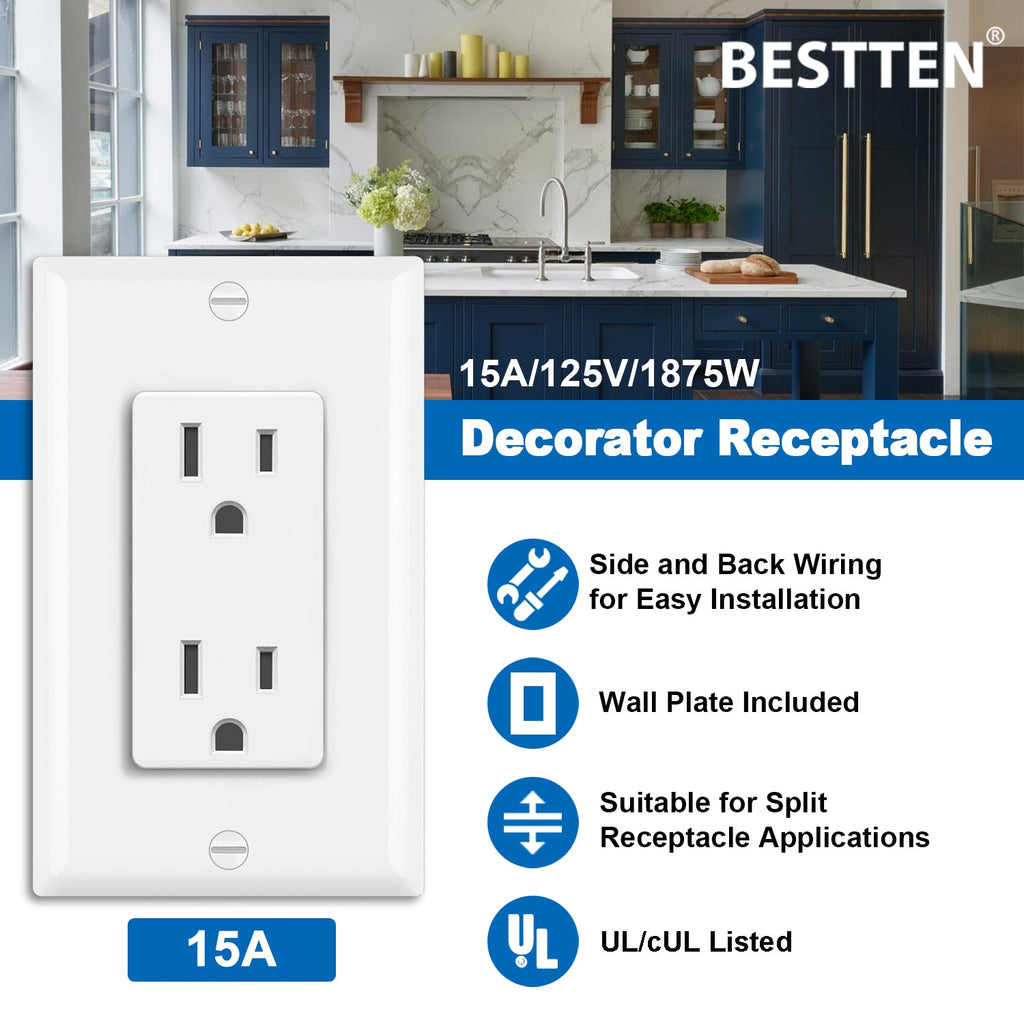 [10 Pack] BESTTEN 15 Amp Decorator Wall Receptacle Outlet, 15A/125V/1875W, None-TR, UL Listed, White