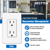 [30 Pack] 15 Amp BESTTEN Decorator Receptacle Outlet with Screwless Wallplate, Non-Tamper-Resistant, 15A/125V/1875W, Residential and Commercial Use, UL Listed, White