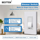 [5 Pack] BESTTEN Dimmer Wall Light Switch, Single Pole or 3-Way, Compatible with Dimmable LED, CFL, Incandescent and Halogen Bulb, 120VAC, UL Listed, White