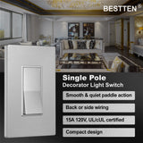 [10 Pack] BESTTEN Silver Single Pole Light Switch, Decorator Wall Switch, On/Off Rocker Paddle Interrupter for LED and Other Lamps, Signature Collection, 15A 120V, UL Certified