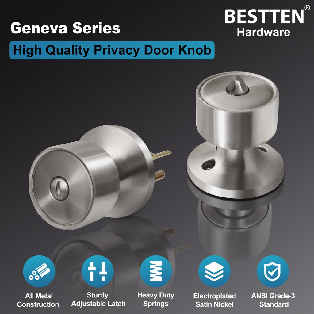 BESTTEN [10 Pack] Privacy Door Knob, Ball Door Knob with Keyless Lock, All Metal, Satin Nickel Finish, for Bedroom and Bathroom