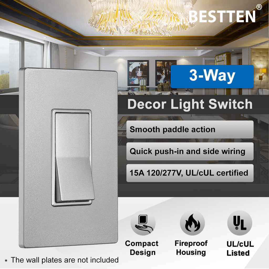 [10 Pack] BESTTEN Silver 3-Way Decorator Wall Light Switch, 15A 120/277V, On/Off Rocker Interrupter, ETL Listed