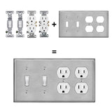 [2 Pack] BESTTEN 4-Gang Combo Metal Wall Plate with Wihte or Clear Plastic Film, 2-Duplex/2-Toggle, Anti-Corrosion Stainless Steel Outlet and Switch Cover, Standard Size, Brushed Finish