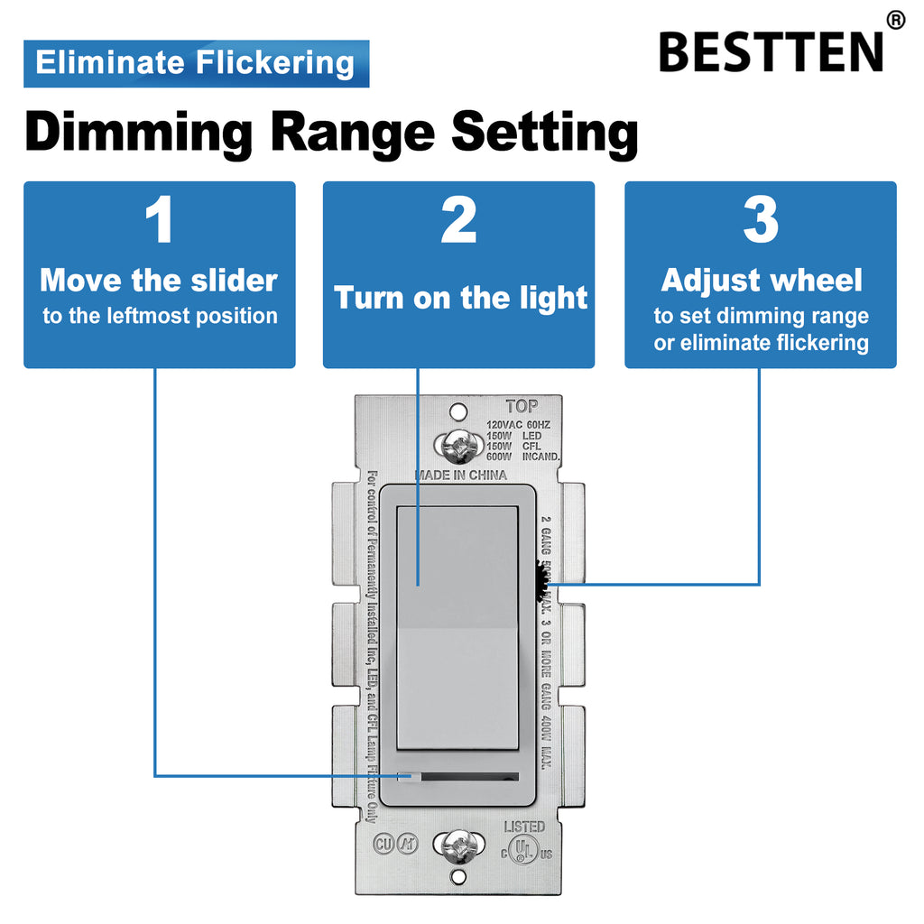 [6 Pack] BESTTEN Dimmer Switch, 3 Way or Single Pole, for Dimmable LED Light, Halogen and Incandescent Bulbs, UL Listed, Gray