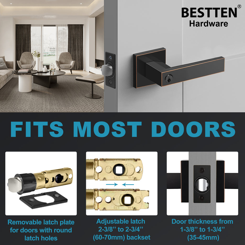 BESTTEN [10 Pack] Keyed Different Oil Rubbed Bronze Square Entry Door Handle with Removable Latch Plate, Contemporary Entrance Door Lever, for Commercial and Residential Use