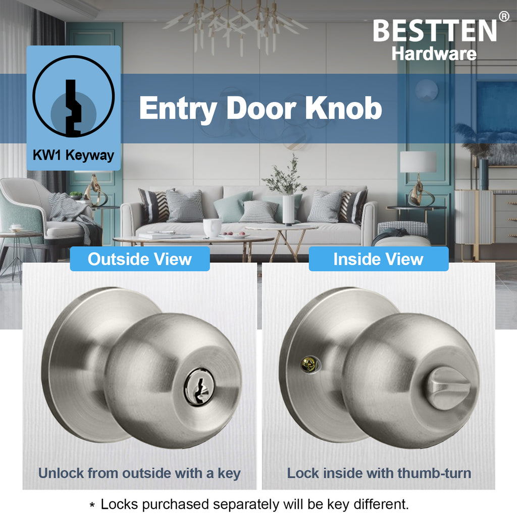 BESTTEN Keyed Entry Door Knob with Lock, Interior and Exterior Door Lock, Standard Ball, Satin Nickel