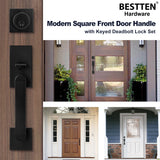 BESTTEN Modern Square Handleset, Front Door Handle with Single Cylinder Keyed Entry Deadbolt Lock Set, Entrance Adjustable Handle with Door Lever, All Metal, Matte Black
