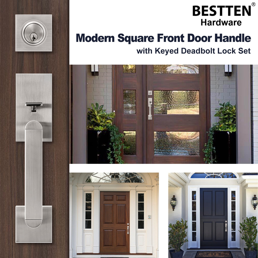 BESTTEN Modern Square Front Door Handleset with Single Cylinder Keyed Entry Deadbolt Lock Set, Entrance Adjustable Handle with Door Lever, All Metal, Satin Nickel