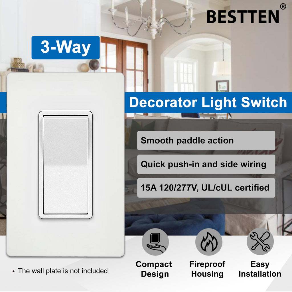 [10 Pack] BESTTEN 3-Way Decorator Wall Light Switch, 15A 120/277V, On/Off Rocker Interrupter, UL Listed, White