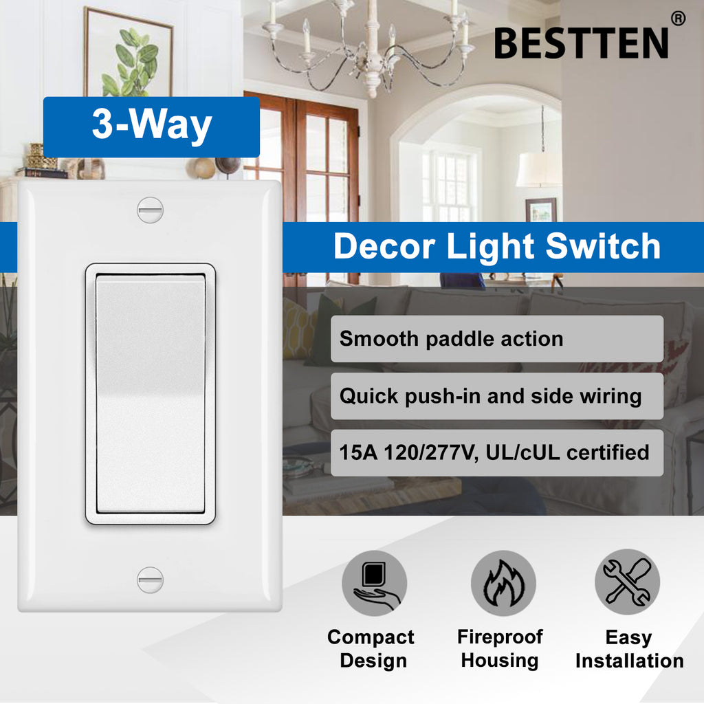 [10 Pack] BESTTEN 3-Way Decorator Wall Light Switch with Wall Plate, 15A 120V, On/Off Paddle Rocker Interrupter, UL Listed, White