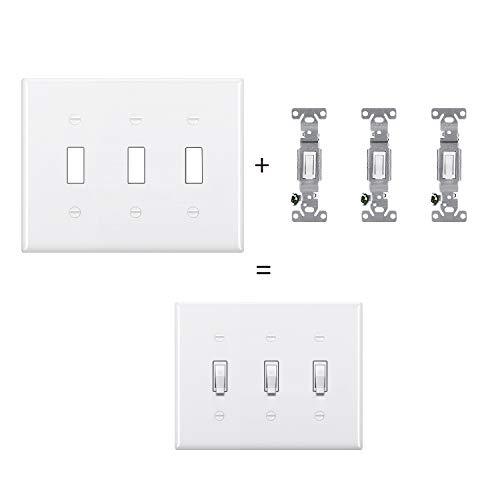 [2 Pack] BESTTEN 3-Gang Toggle Wall Plate, Standard Size, Unbreakable Polycarbonate Toggle Switch Cover, White