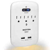 BESTTEN USB Wall Outlet Surge Protector, 2.4A Dual USB Ports, Dusk to Dawn LED Guidelight, 3 AC Outlets, 15A/125V/1875W, 900 Joule Surge Suppression Rating, cETL Listed