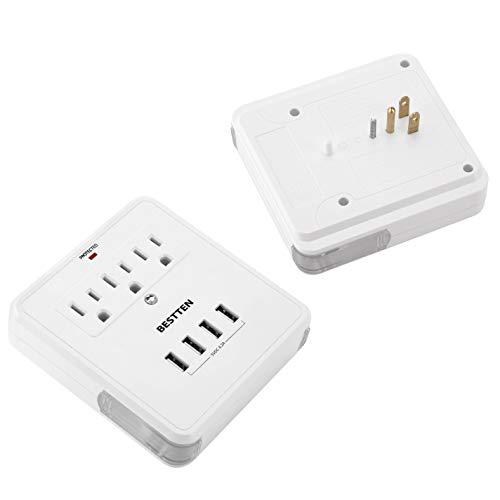 [2 Pack] BESTTEN 4.2A USB Wall Outlet Surge Protector, 4 USB Charging Ports, 3 AC Outlets with 2 Slide-Out Phone Holders, ETL/cETL Certified, White