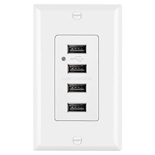 BESTTEN 4.2A/21W USB Receptacle Outlet with 4 High-Speed USB Charging Ports and LED Indicator, Wall Plate Included, UL Listed, White