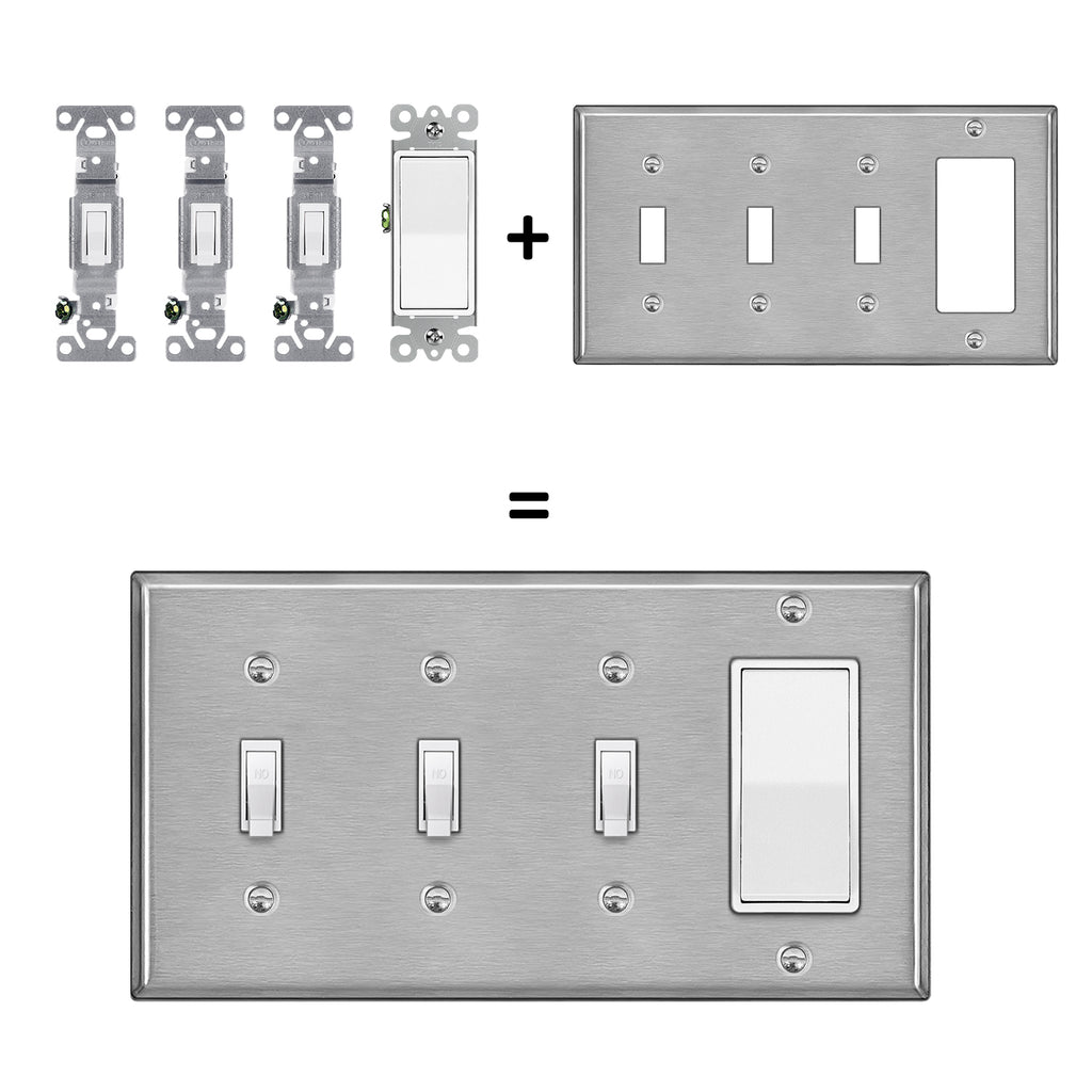 [2 Pack] BESTTEN 4-Gang Combination Metal Wall Plate with White or Clear Plastic Film, 3-Decor/1-Toggle, Stainless Steel Outlet and Switch Cover, Brushed FInish