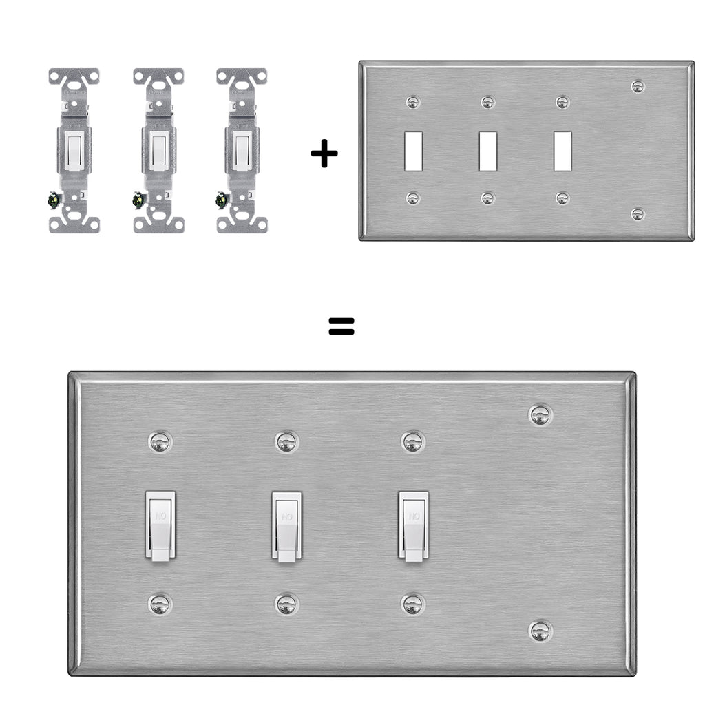 [2 Pack] BESTTEN 4-Gang Combo Metal Wall Plate with White or Clear Plastic Film, 1-Blank/3-Toggle, Anti-Corrosion Stainless Steel Light Switch Cover, Standard Size, Brushed Finish, Silver