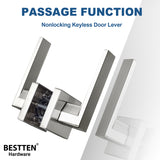 BESTTEN Satin Nickel Passage Door Lever with Removable Latch Plate, Monaco Series All Metal Square Non-Locking Interior Door Handle Set for Hallway