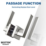 BESTTEN [10 Pack] Satin Nickel Passage Door Lever with Removable Latch Plate, Monaco Series All Metal Square Non-Locking Interior Door Handle Set for Hallway