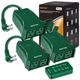 [3 Pack] BESTTEN Wireless Outdoor Remote Control Outlet with 6-Inch Heavy Duty Power Cord, 2 Grounded Outlets, Weatherproof 15 Amp Electrical Plug, ETL Certified, Green