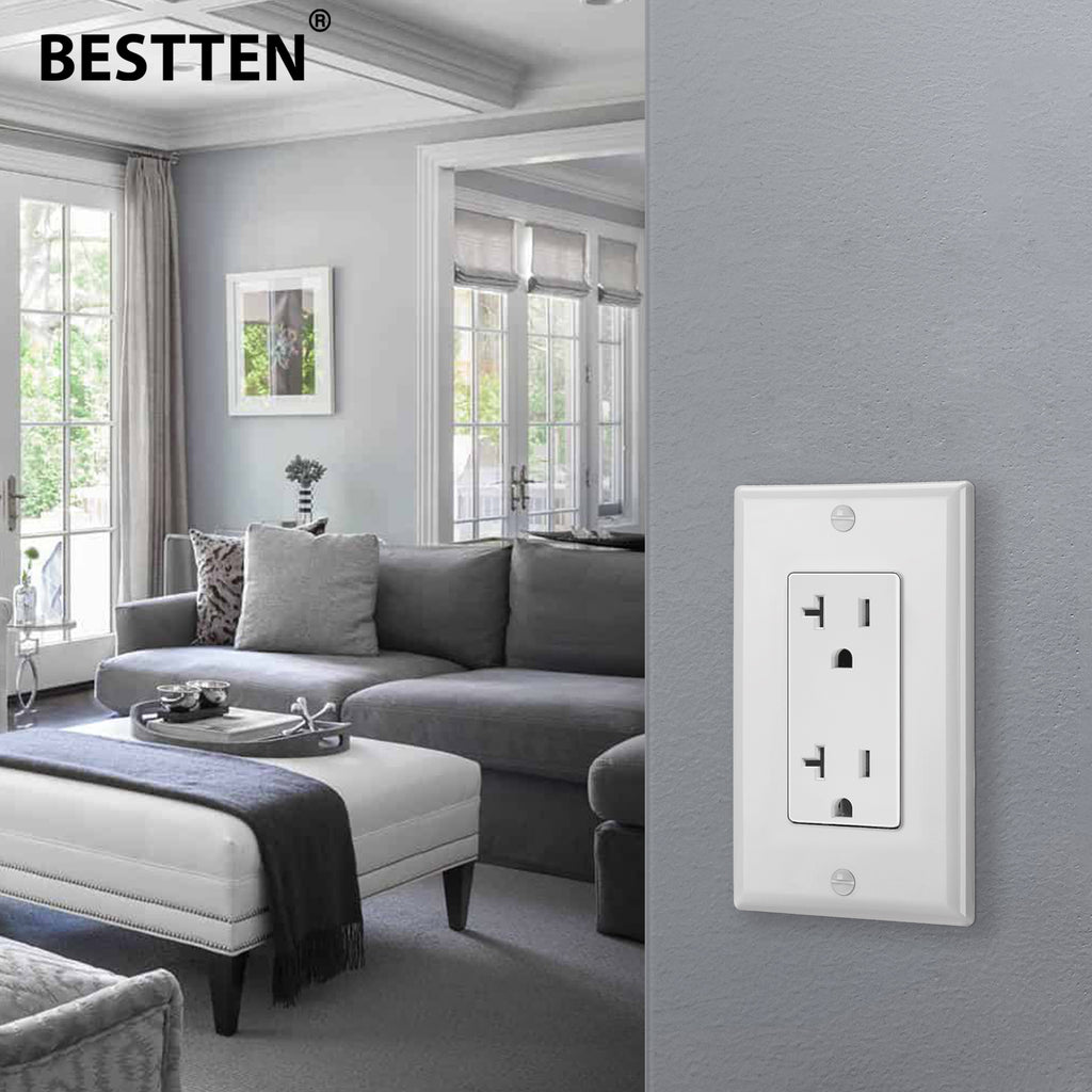 [10 Pack] BESTTEN 20 Amp Decorator Receptacle Outlet, 20A/125V/2500W, Non-Tamper-Resistant, UL Listed, White