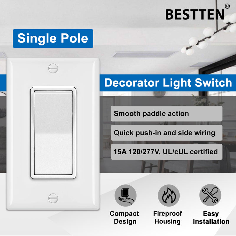 [10 Pack] BESTTEN Single Pole Decorator Wall Light Switch with Wall Plate, 15A 120/277V, On/Off Rocker Paddle Interrupter, UL Listed