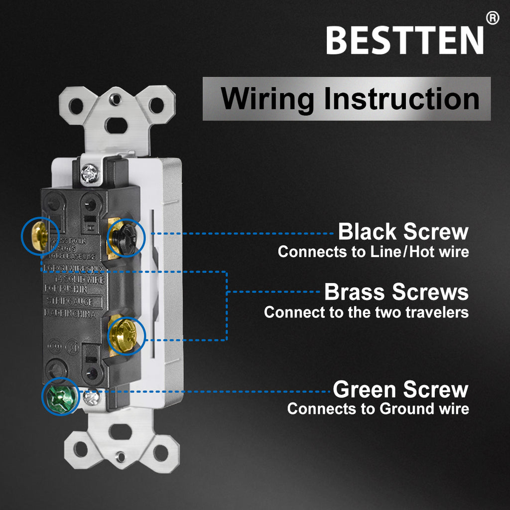 [10 Pack] BESTTEN Silver 3-Way Decorator Wall Light Switch, 15A 120/277V, On/Off Rocker Interrupter, ETL Listed