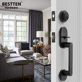 BESTTEN Modern Front Door Handleset with Single Cylinder Keyed Entry Deadbolt Lock Set, Entrance Adjustable Handle with Round Door Lever, All Metal, Matte Black